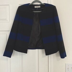 Tahari structured blazer with bold black and blue strips.